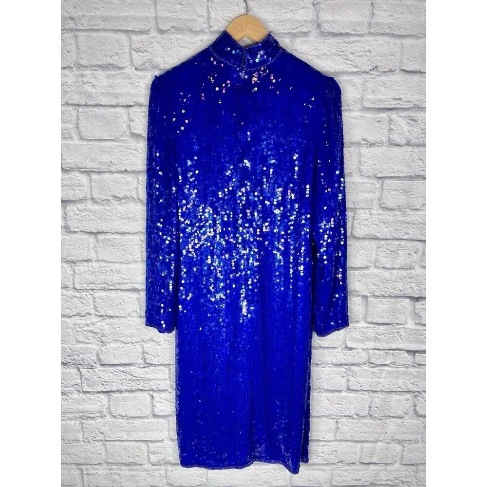 SCARLET RAGE Women's Vintage Blue Sequin Silk High Neck Sheath Dress Large - Picture 8 of 8